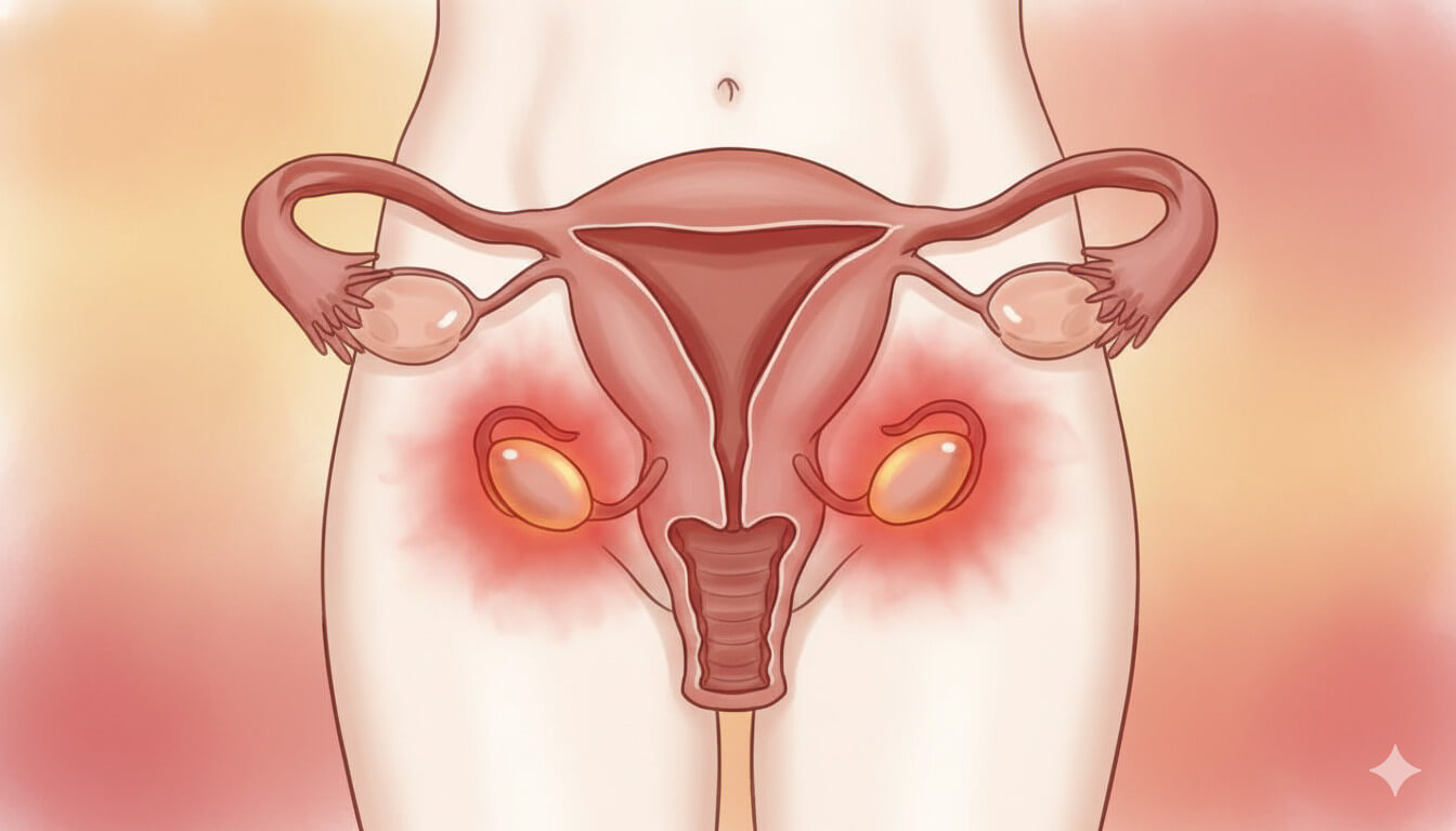 Regiunea pelviană feminină ilustrată stilizat, ovare evidențiate cu halou roșiatic de durere
